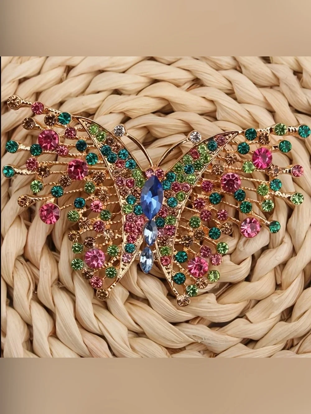 vintage gold-tone butterfly brooch adorned multicolored rhinestones & crystals